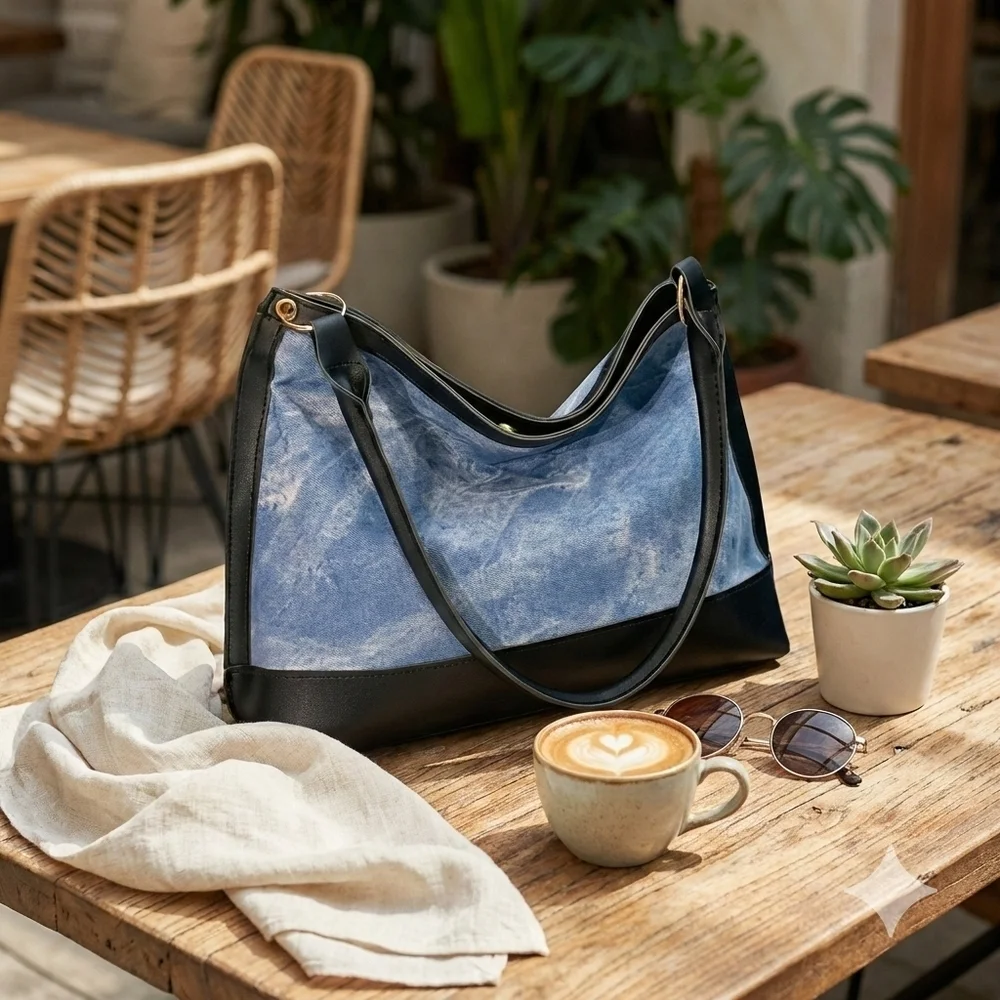 Denim Wash Vegan Leather Hobo Shoulder Bag Blue Black Modern Boho Tote 13in